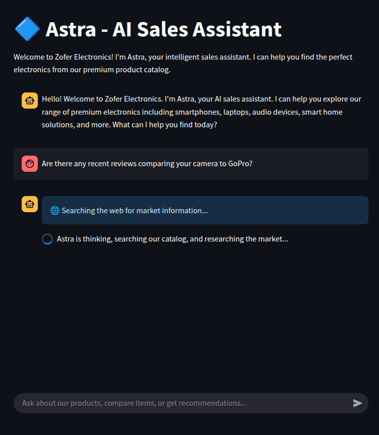 Astra Chatbot Interface - Web Search in Action